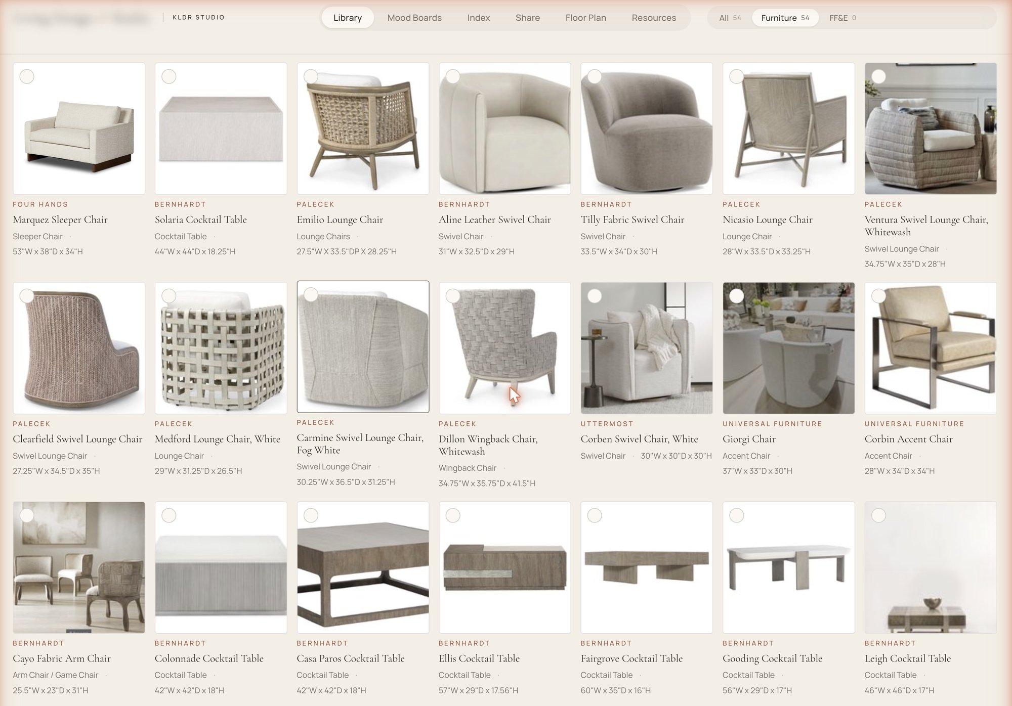A KLDR curation board: an entire house's furniture in one place, each piece with its vendor, dimensions, and live data.