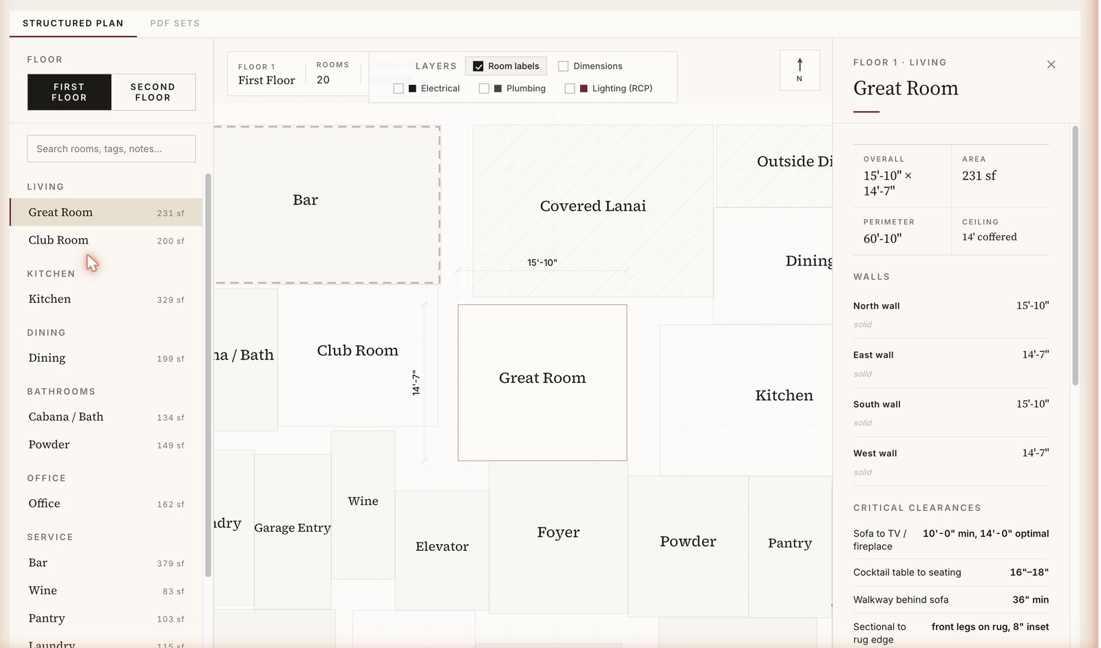 A KLDR structured floor plan: rooms with areas and dimensions, plus per-room clearances and wall detail.