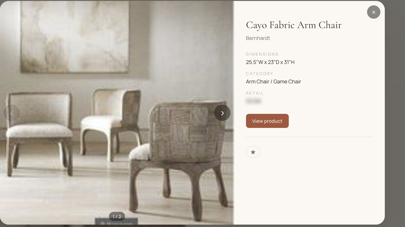 A KLDR lookbook: a client-facing product detail with a lifestyle image and specs, no internal pricing.