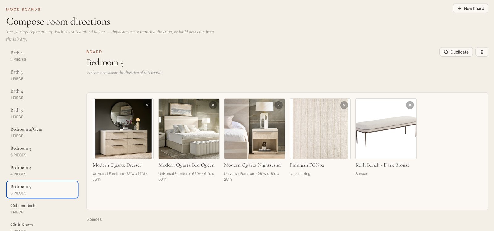 A KLDR mood board: the pieces of a room composed together on one visual layout to test a direction.