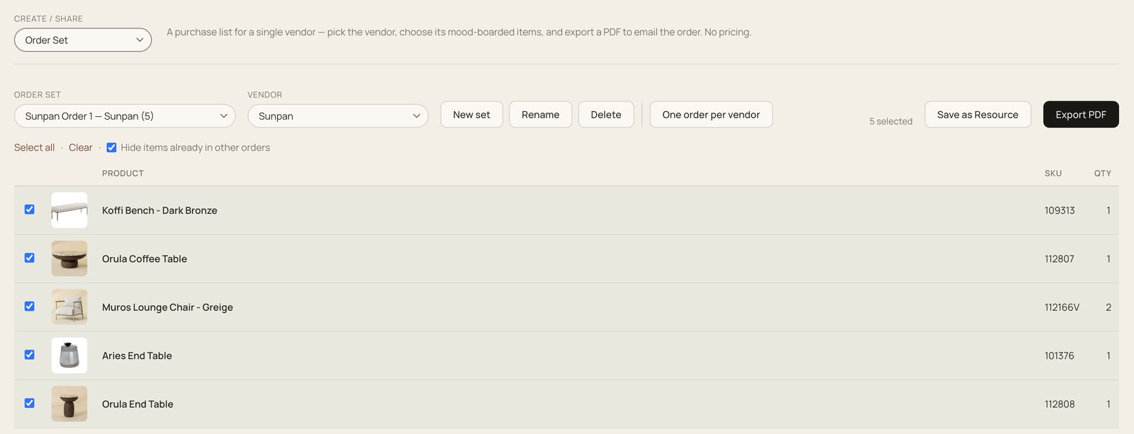 A KLDR per-vendor order set: the items for one vendor, ready to export as a PDF, no pricing.